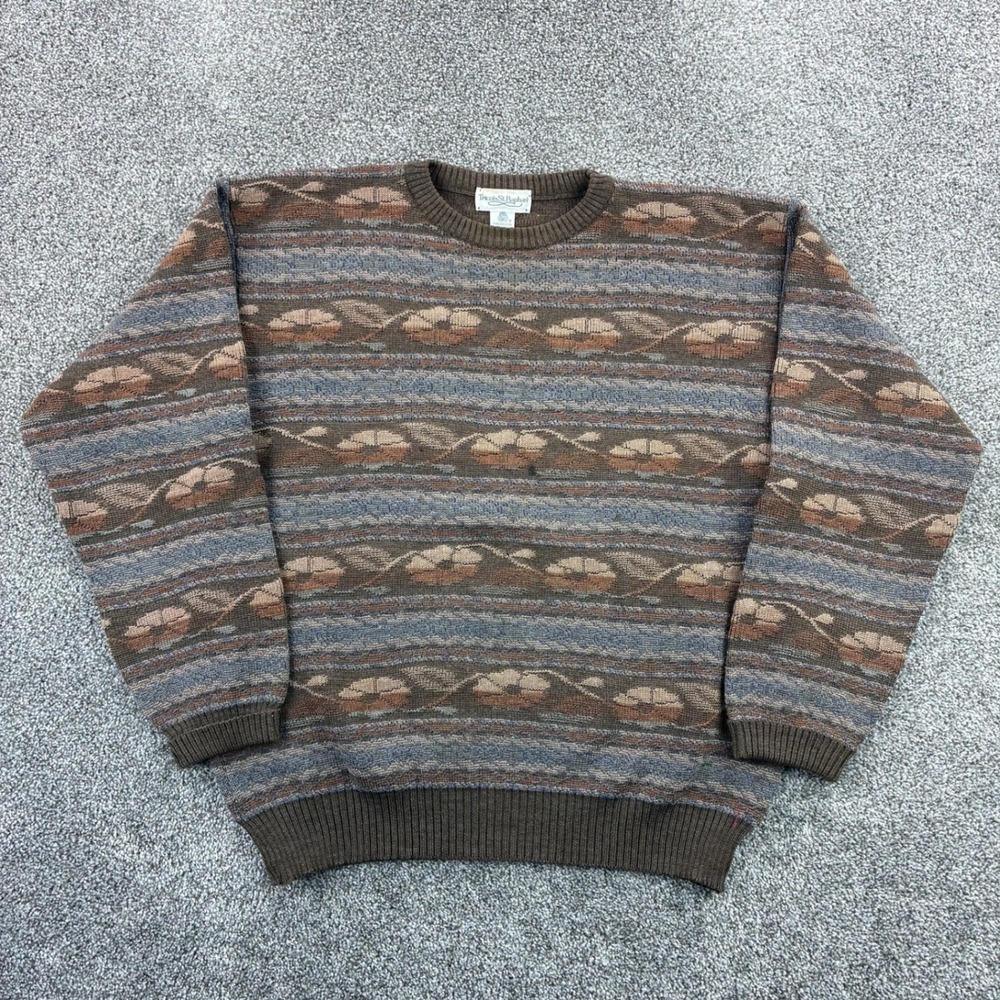 Vintage Tricots St Raphael Sweater Mens Large Brown Blue Pure Wool Floral Knit